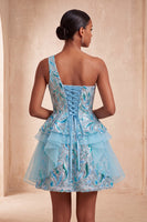 Laden Sie das Bild in den Galerie-Viewer, Hellblaues A-Linien-Pailletten-Dressing mit Rüschen Homecoming-Kleid und Schnürung hinten