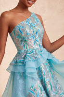Laden Sie das Bild in den Galerie-Viewer, Hellblaues A-Linien-Pailletten-Dressing mit Rüschen Homecoming-Kleid und Schnürung hinten
