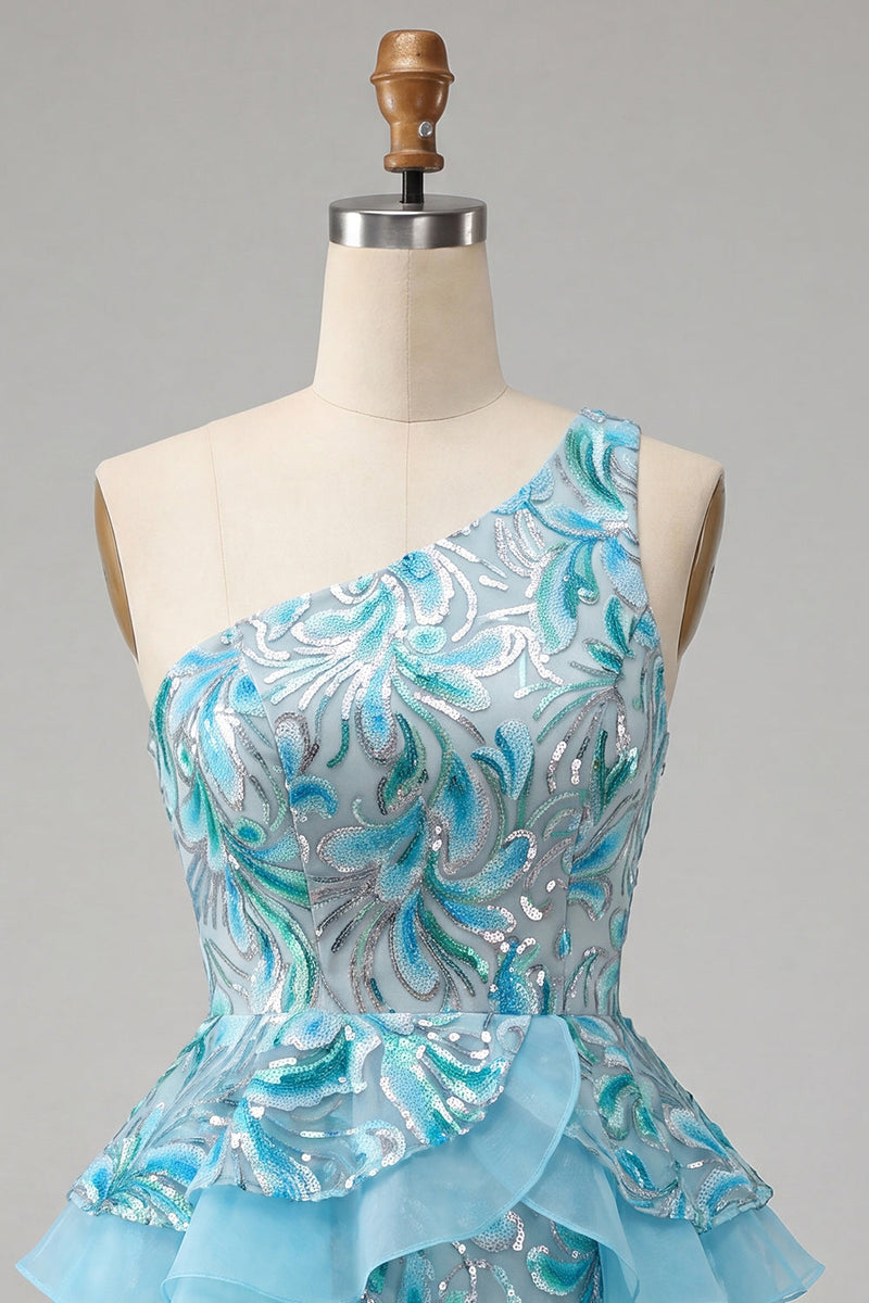 Laden Sie das Bild in den Galerie-Viewer, Hellblaues A-Linien-Pailletten-Dressing mit Rüschen Homecoming-Kleid und Schnürung hinten