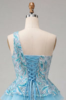 Laden Sie das Bild in den Galerie-Viewer, Hellblaues A-Linien-Pailletten-Dressing mit Rüschen Homecoming-Kleid und Schnürung hinten