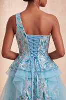 Laden Sie das Bild in den Galerie-Viewer, Hellblaues A-Linien-Pailletten-Dressing mit Rüschen Homecoming-Kleid und Schnürung hinten