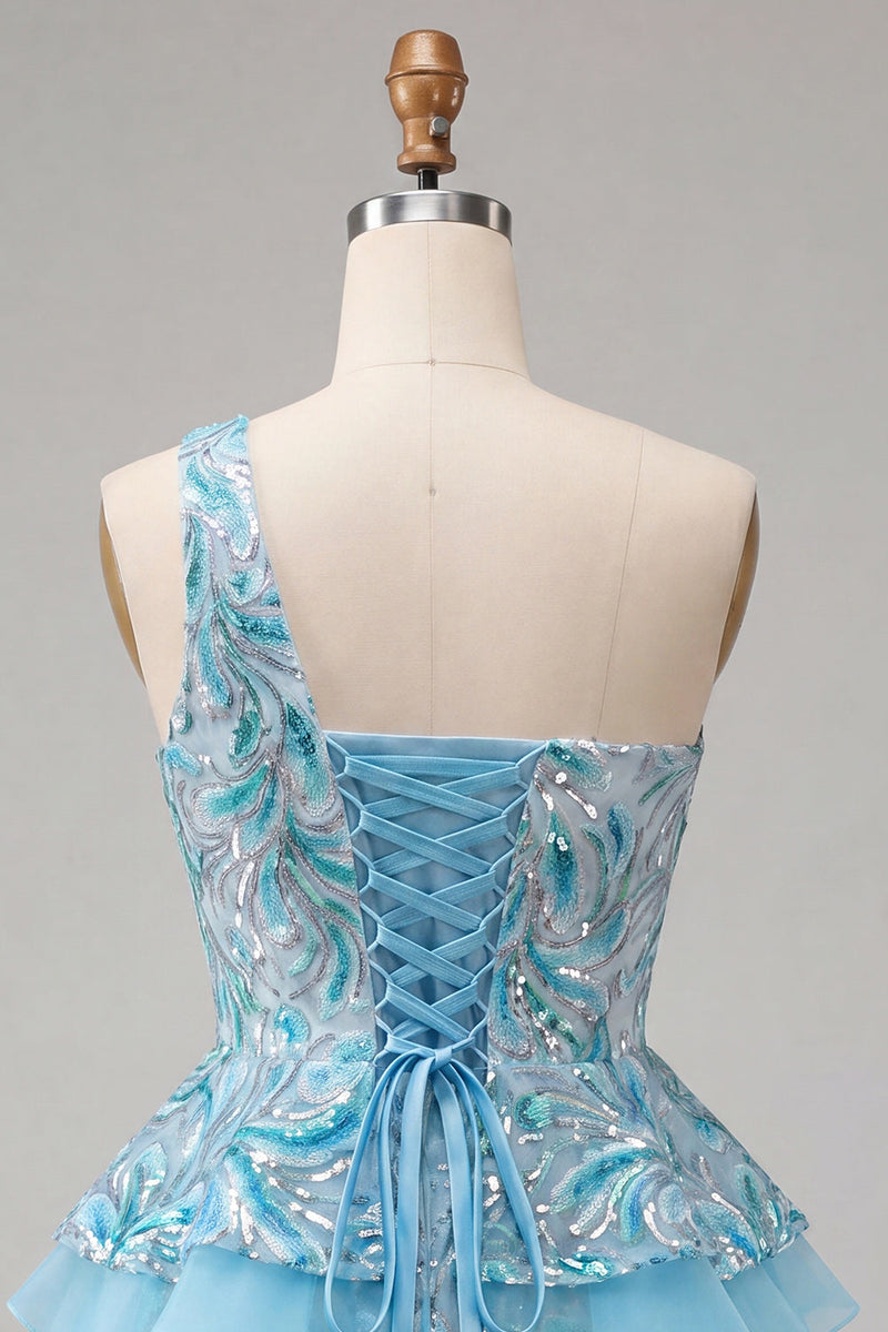 Laden Sie das Bild in den Galerie-Viewer, Hellblaues A-Linien-Pailletten-Dressing mit Rüschen Homecoming-Kleid und Schnürung hinten
