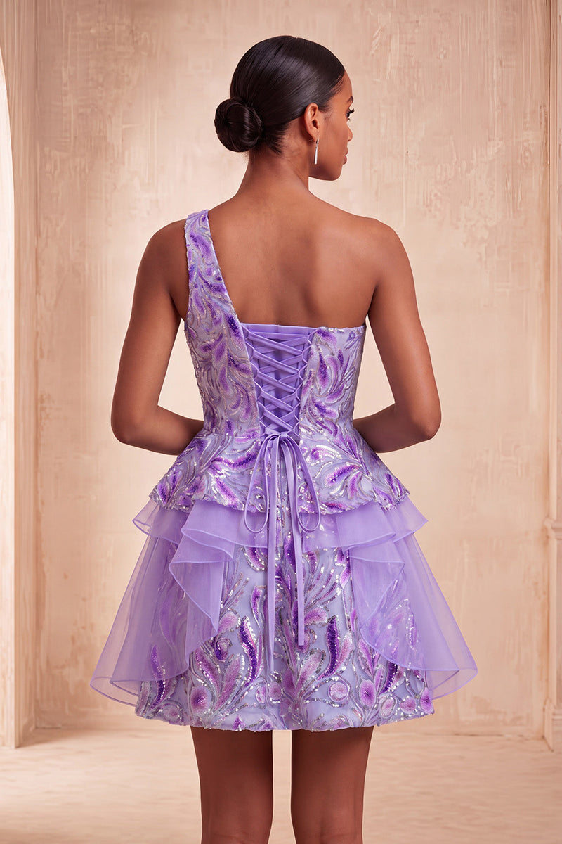 Laden Sie das Bild in den Galerie-Viewer, Hellblaues A-Linien-Pailletten-Dressing mit Rüschen Homecoming-Kleid und Schnürung hinten