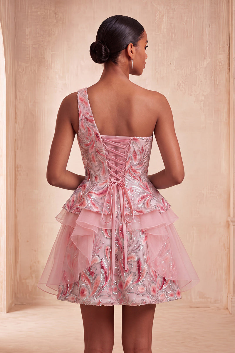 Laden Sie das Bild in den Galerie-Viewer, Hellblaues A-Linien-Pailletten-Dressing mit Rüschen Homecoming-Kleid und Schnürung hinten