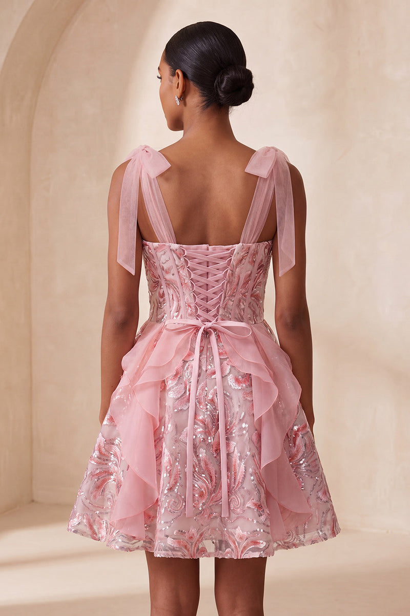 Laden Sie das Bild in den Galerie-Viewer, Rosa A-Linie Korsett, gebogene Träger, Pailletten, gerüschendes Homecoming-Kleid mit Schnürung hinten