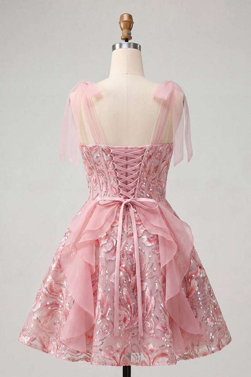 Laden Sie das Bild in den Galerie-Viewer, Rosa A-Linie Korsett, gebogene Träger, Pailletten, gerüschendes Homecoming-Kleid mit Schnürung hinten