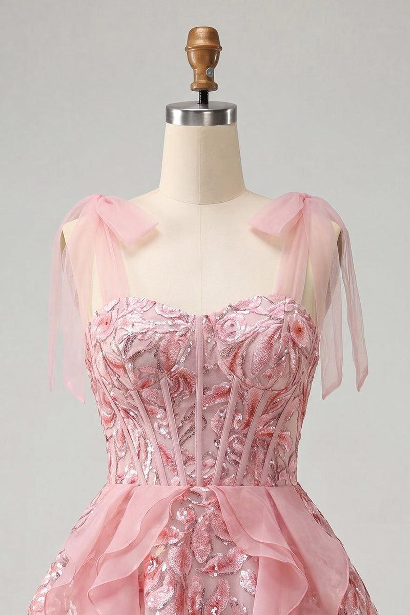 Laden Sie das Bild in den Galerie-Viewer, Rosa A-Linie Korsett, gebogene Träger, Pailletten, gerüschendes Homecoming-Kleid mit Schnürung hinten