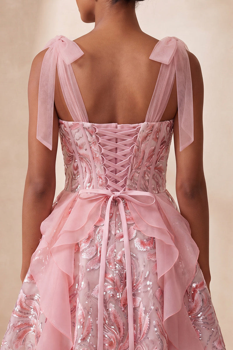 Laden Sie das Bild in den Galerie-Viewer, Rosa A-Linie Korsett, gebogene Träger, Pailletten, gerüschendes Homecoming-Kleid mit Schnürung hinten
