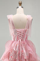 Laden Sie das Bild in den Galerie-Viewer, Rosa A-Linie Korsett Gebogene Träger Pailletten Gerüschendes Kurzes Abendkleid mit Schnürung