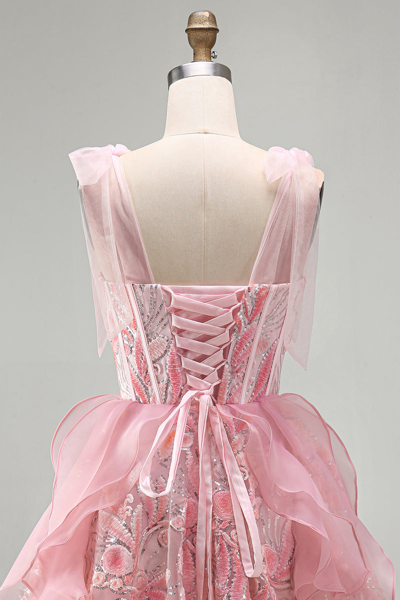 Laden Sie das Bild in den Galerie-Viewer, Rosa A-Linie Korsett Gebogene Träger Pailletten Gerüschendes Kurzes Abendkleid mit Schnürung