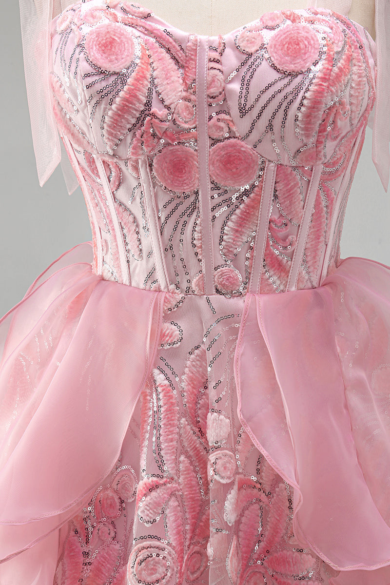 Laden Sie das Bild in den Galerie-Viewer, Rosa A-Linie Korsett Gebogene Träger Pailletten Gerüschendes Kurzes Abendkleid mit Schnürung