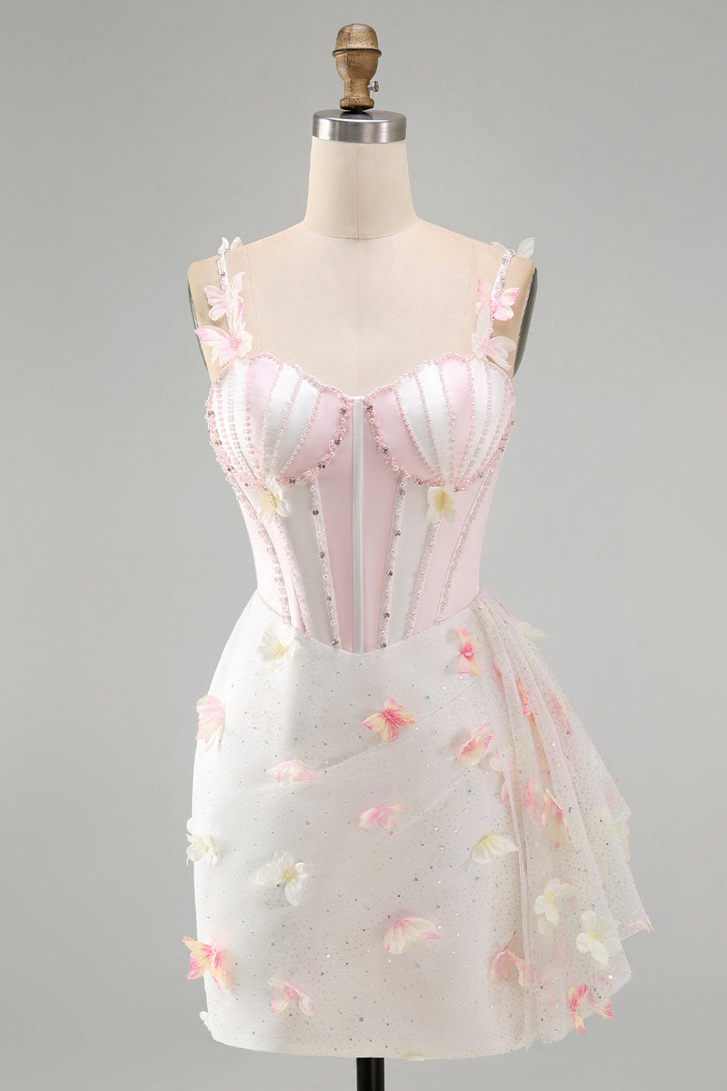Laden Sie das Bild in den Galerie-Viewer, Bodycon Blush Korsett Schmetterlings Perlenapplikation Schnürung Kurzes Abendkleid mit Schärpe