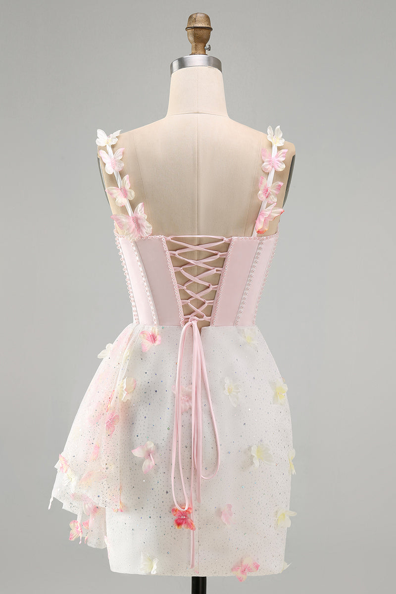 Laden Sie das Bild in den Galerie-Viewer, Bodycon Blush Korsett Schmetterlings Perlenapplikation Schnürung Kurzes Abendkleid mit Schärpe