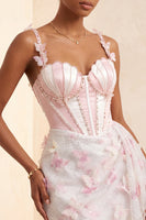 Laden Sie das Bild in den Galerie-Viewer, Bodycon Rouge-Korsett, Schmetterlingsperlenapplikation, Schnürung Back-Homecoming-Kleid mit Schärpe