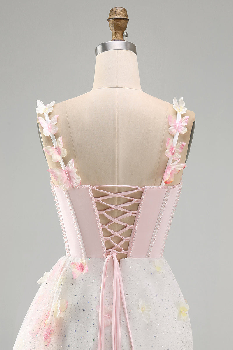 Laden Sie das Bild in den Galerie-Viewer, Bodycon Blush Korsett Schmetterlings Perlenapplikation Schnürung Kurzes Abendkleid mit Schärpe