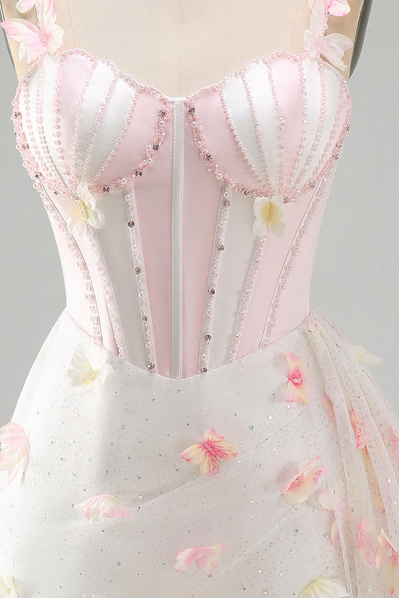 Laden Sie das Bild in den Galerie-Viewer, Bodycon Blush Korsett Schmetterlings Perlenapplikation Schnürung Kurzes Abendkleid mit Schärpe