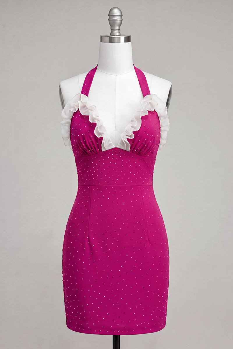 Laden Sie das Bild in den Galerie-Viewer, Fuchsia Bodycon Neckholderhals Rüschen Schnürung Rücken Kurzes Abendkleid mit Perlen
