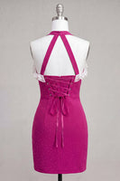 Laden Sie das Bild in den Galerie-Viewer, Fuchsia Bodycon Neckholderhals Rüschen Schnürung Rücken Kurzes Abendkleid mit Perlen