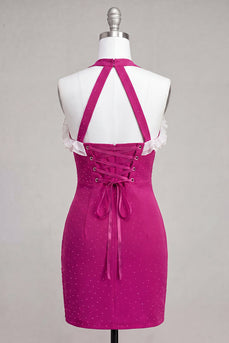 Fuchsia Bodycon Neckholderhals Rüschen Schnürung Rücken Kurzes Abendkleid mit Perlen