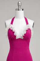 Laden Sie das Bild in den Galerie-Viewer, Fuchsia Bodycon Neckholderhals Rüschen Schnürung Rücken Kurzes Abendkleid mit Perlen
