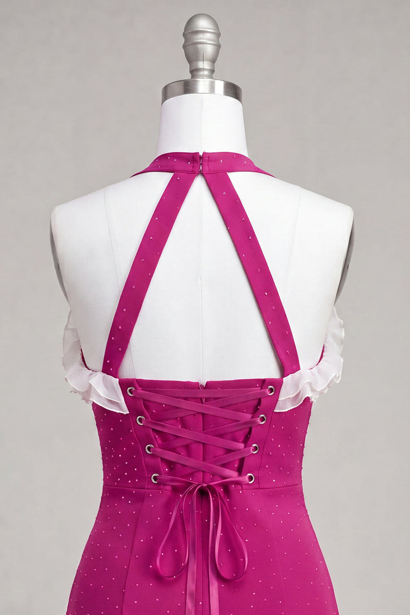 Laden Sie das Bild in den Galerie-Viewer, Fuchsia Bodycon Neckholderhals Rüschen Schnürung Rücken Kurzes Abendkleid mit Perlen