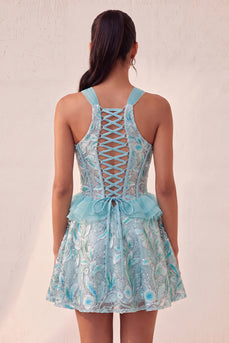Lake Blue Korsett Neckholderhals Pailletten A-Linien Rüschen Kurzes Abendkleid