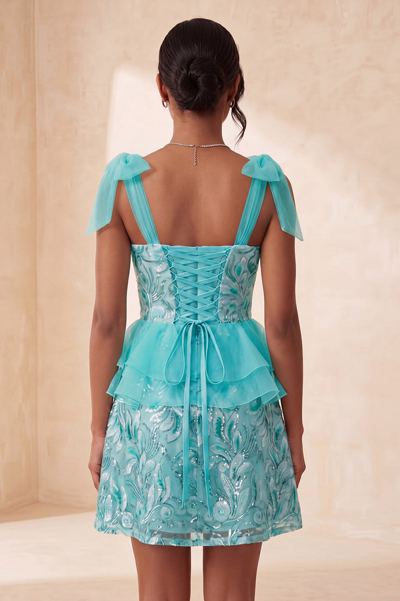 Laden Sie das Bild in den Galerie-Viewer, Rosa A-Linien-Pailletten, Rüschen, Schnürung hinten, gebogene Träger, Homecoming-Kleid mit Schlitz