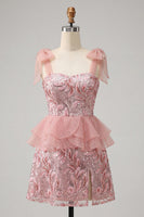 Laden Sie das Bild in den Galerie-Viewer, Rosa A-Linien-Pailletten, Rüschen, Schnürung hinten, gebogene Träger, Homecoming-Kleid mit Schlitz
