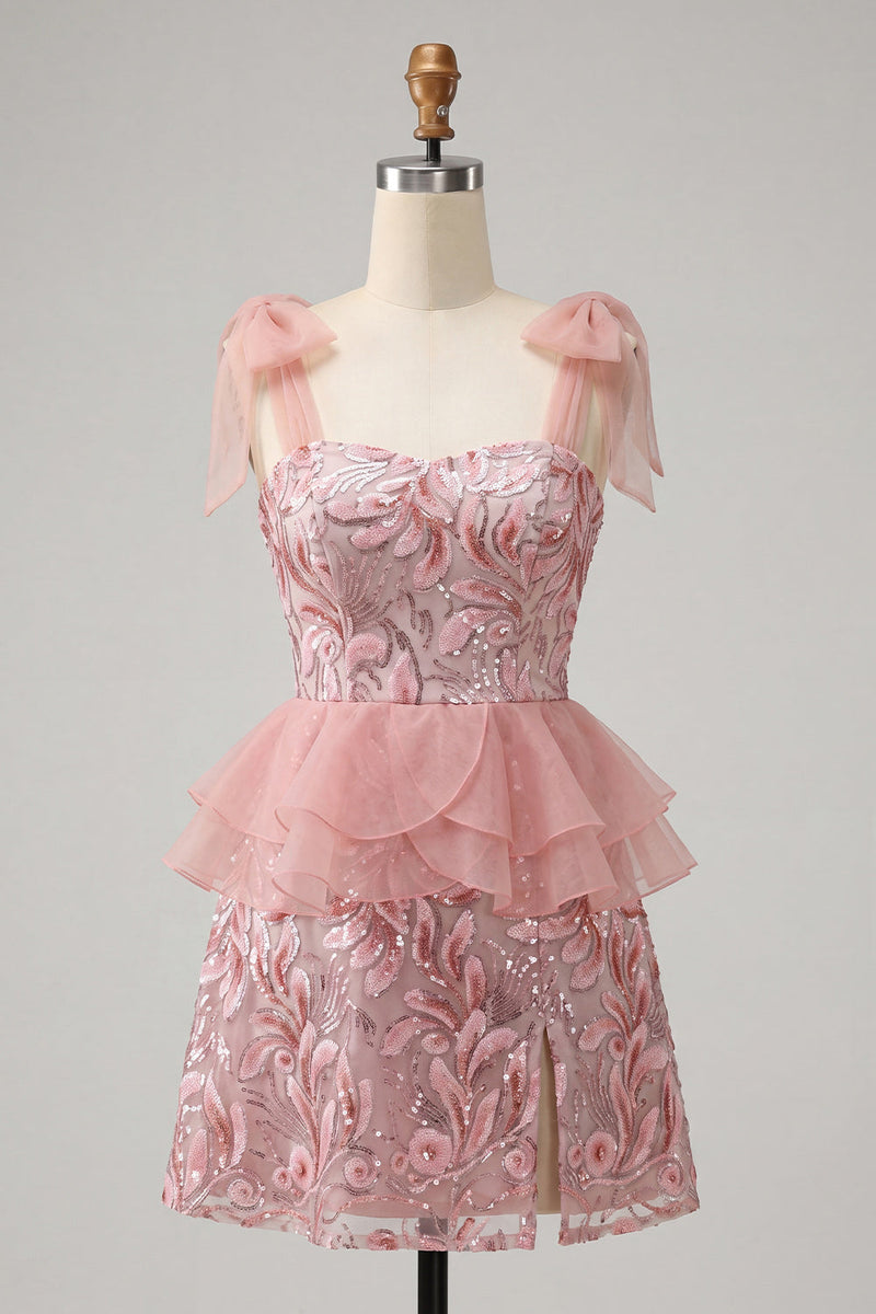 Laden Sie das Bild in den Galerie-Viewer, Rosa A-Linien-Pailletten, Rüschen, Schnürung hinten, gebogene Träger, Homecoming-Kleid mit Schlitz