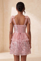 Laden Sie das Bild in den Galerie-Viewer, Rosa A-Linien-Pailletten, Rüschen, Schnürung hinten, gebogene Träger, Homecoming-Kleid mit Schlitz