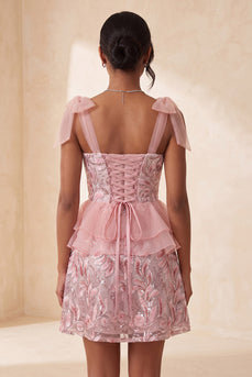 Rosa A-Linie Pailletten Rüschen Schnürung hinten Gebogene Träger Kurzes Abendkleid mit Schlitz