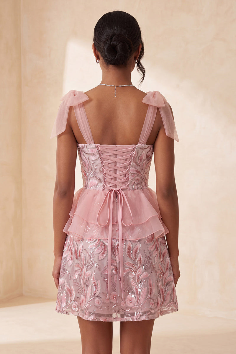 Laden Sie das Bild in den Galerie-Viewer, Rosa A-Linien-Pailletten, Rüschen, Schnürung hinten, gebogene Träger, Homecoming-Kleid mit Schlitz