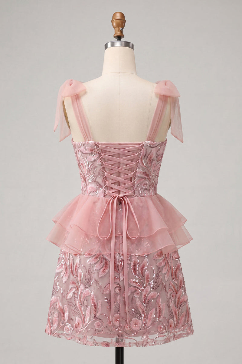 Laden Sie das Bild in den Galerie-Viewer, Rosa A-Linien-Pailletten, Rüschen, Schnürung hinten, gebogene Träger, Homecoming-Kleid mit Schlitz