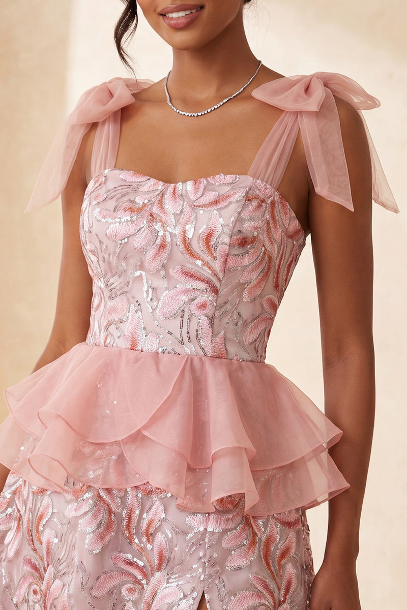 Laden Sie das Bild in den Galerie-Viewer, Rosa A-Linien-Pailletten, Rüschen, Schnürung hinten, gebogene Träger, Homecoming-Kleid mit Schlitz
