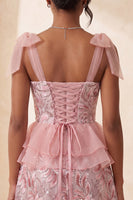 Laden Sie das Bild in den Galerie-Viewer, Rosa A-Linien-Pailletten, Rüschen, Schnürung hinten, gebogene Träger, Homecoming-Kleid mit Schlitz