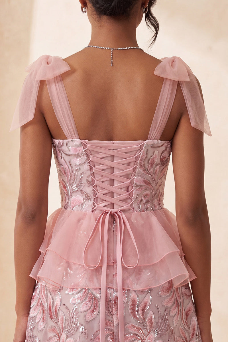 Laden Sie das Bild in den Galerie-Viewer, Rosa A-Linien-Pailletten, Rüschen, Schnürung hinten, gebogene Träger, Homecoming-Kleid mit Schlitz