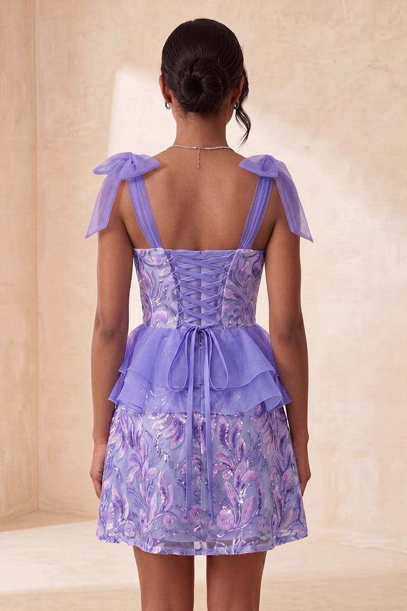 Laden Sie das Bild in den Galerie-Viewer, Rosa A-Linien-Pailletten, Rüschen, Schnürung hinten, gebogene Träger, Homecoming-Kleid mit Schlitz