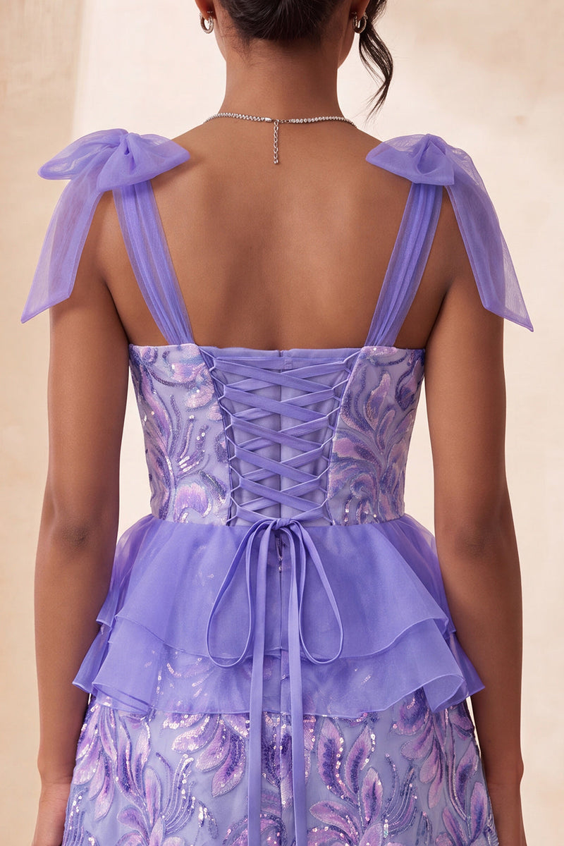 Laden Sie das Bild in den Galerie-Viewer, Rosa A-Linien-Pailletten, Rüschen, Schnürung hinten, gebogene Träger, Homecoming-Kleid mit Schlitz
