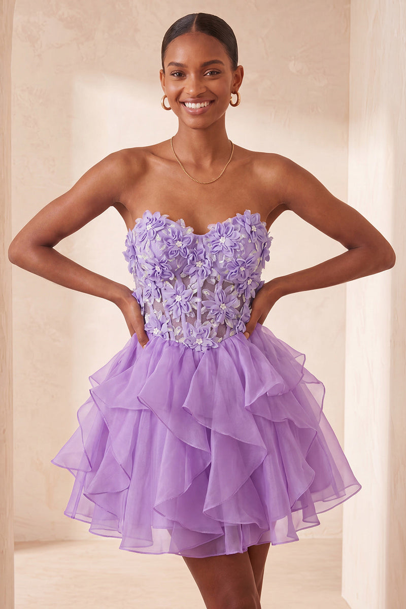 Laden Sie das Bild in den Galerie-Viewer, A-Linie himmelblaues Sweetheart-Transparentes Korsett mit Rüschen und Spitzen-Rücken-Homecoming-Kleid