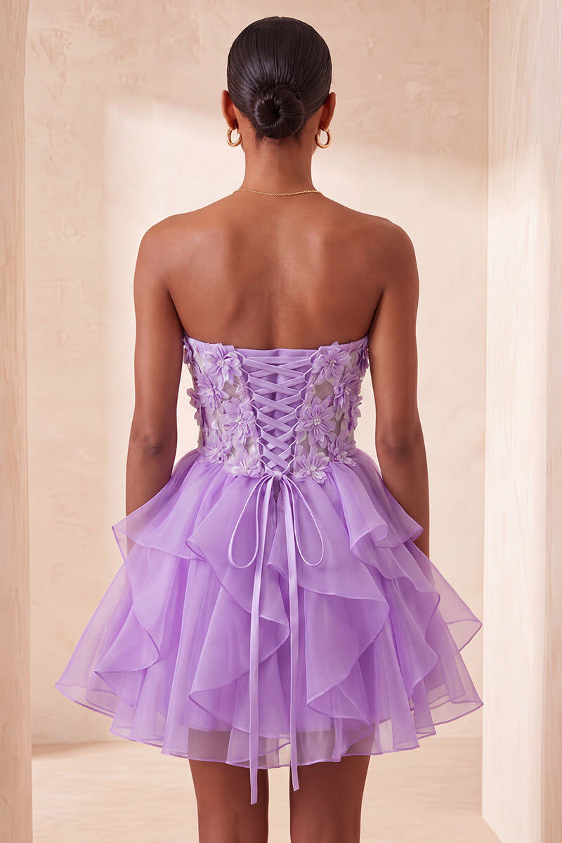 Laden Sie das Bild in den Galerie-Viewer, A-Linie himmelblaues Sweetheart-Transparentes Korsett mit Rüschen und Spitzen-Rücken-Homecoming-Kleid