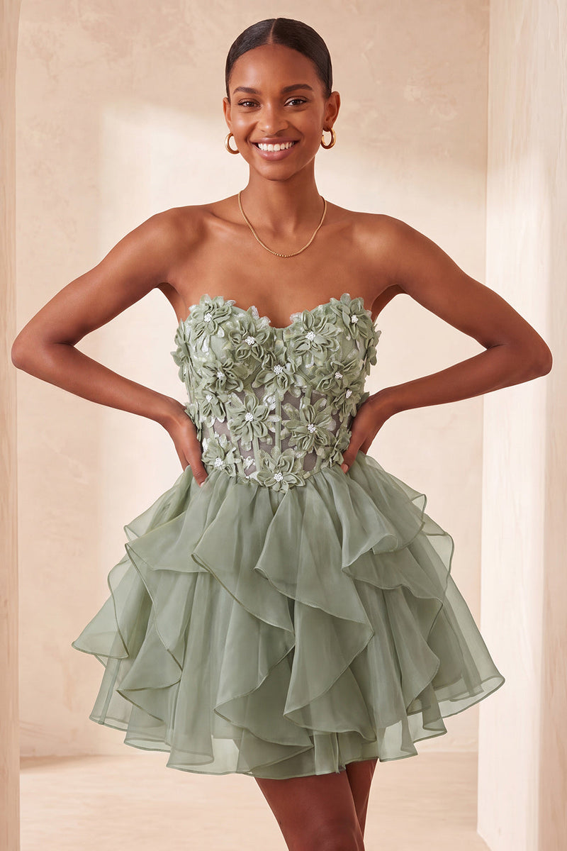 Laden Sie das Bild in den Galerie-Viewer, A-Linie himmelblaues Sweetheart-Transparentes Korsett mit Rüschen und Spitzen-Rücken-Homecoming-Kleid