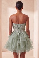 Laden Sie das Bild in den Galerie-Viewer, A-Linie himmelblaues Sweetheart-Transparentes Korsett mit Rüschen und Spitzen-Rücken-Homecoming-Kleid