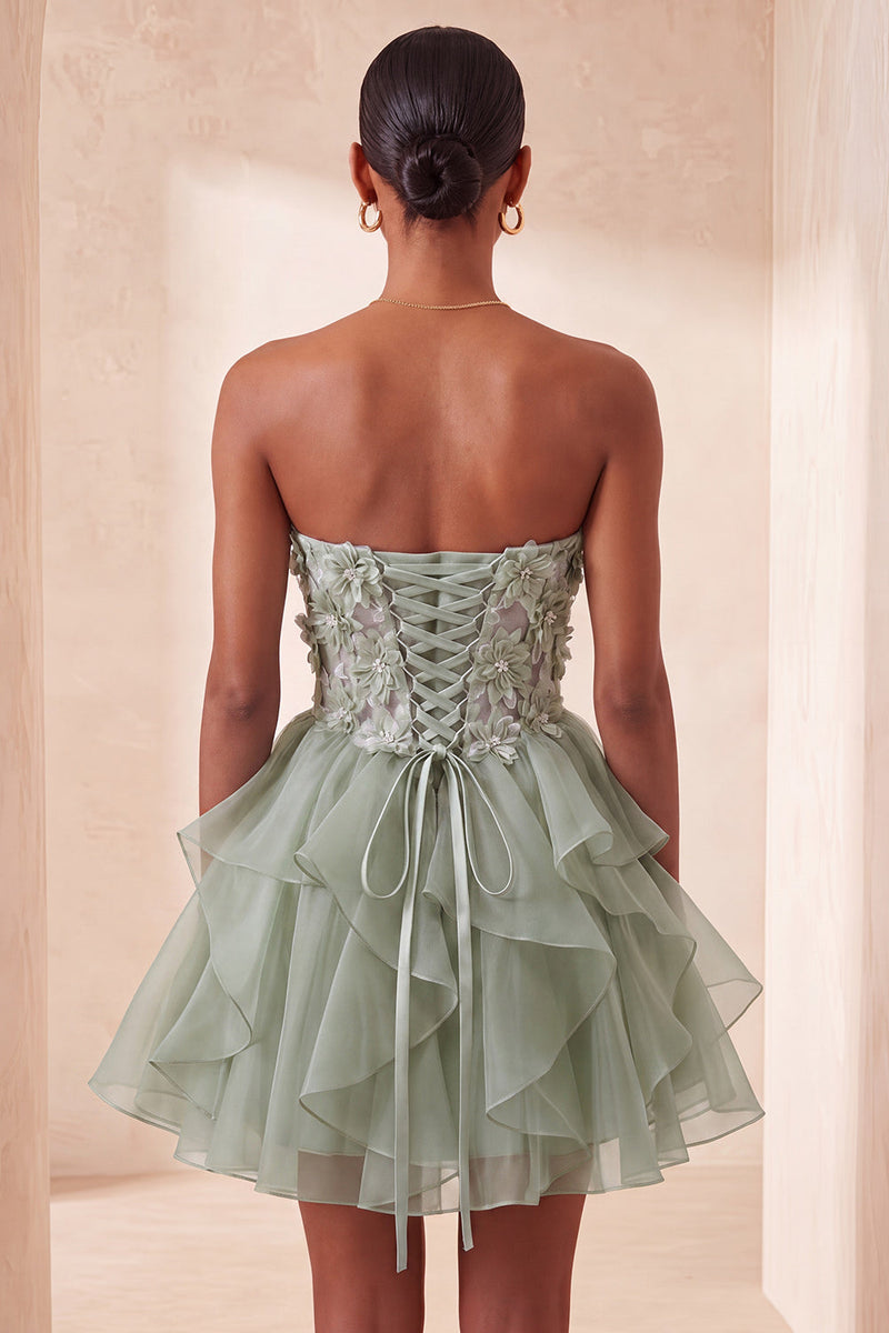Laden Sie das Bild in den Galerie-Viewer, A-Linie himmelblaues Sweetheart-Transparentes Korsett mit Rüschen und Spitzen-Rücken-Homecoming-Kleid