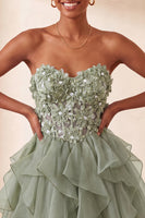 Laden Sie das Bild in den Galerie-Viewer, A-Linie himmelblaues Sweetheart-Transparentes Korsett mit Rüschen und Spitzen-Rücken-Homecoming-Kleid