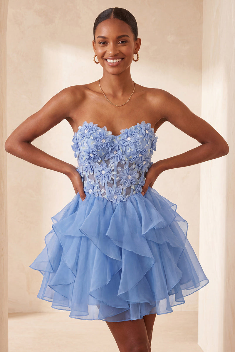 Laden Sie das Bild in den Galerie-Viewer, A-Linie himmelblaues Sweetheart-Transparentes Korsett mit Rüschen und Spitzen-Rücken-Homecoming-Kleid