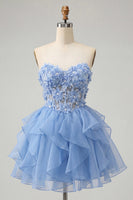 Laden Sie das Bild in den Galerie-Viewer, A-Linie himmelblaues Sweetheart-Transparentes Korsett mit Rüschen und Spitzen-Rücken-Homecoming-Kleid