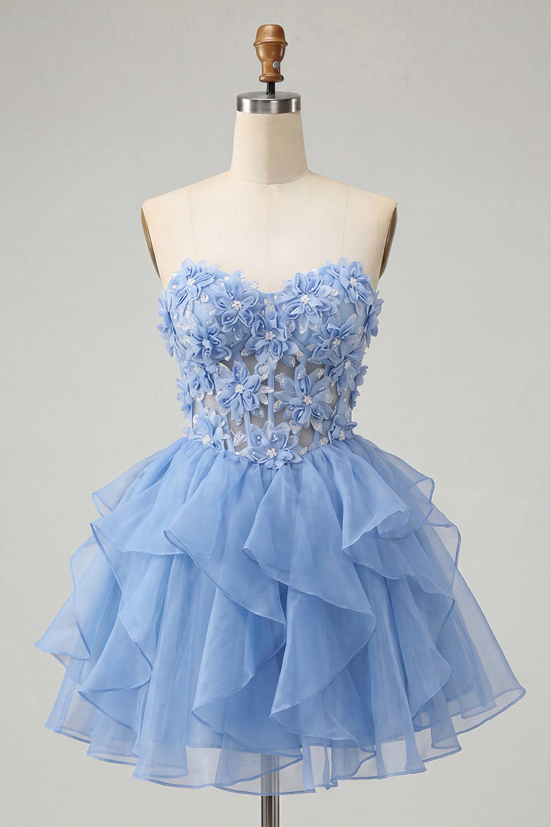 Laden Sie das Bild in den Galerie-Viewer, A-Linie himmelblaues Sweetheart-Transparentes Korsett mit Rüschen und Spitzen-Rücken-Homecoming-Kleid