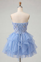 Laden Sie das Bild in den Galerie-Viewer, A-Linie himmelblaues Sweetheart-Transparentes Korsett mit Rüschen und Spitzen-Rücken-Homecoming-Kleid
