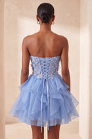 Laden Sie das Bild in den Galerie-Viewer, A-Linie himmelblaues Sweetheart-Transparentes Korsett mit Rüschen und Spitzen-Rücken-Homecoming-Kleid