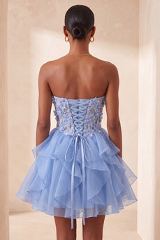 A-Linie Himmelblaues Sweetheart Transparentes Korsett Kurzes Abendkleid mit Rüschen und Schnürung Rücken